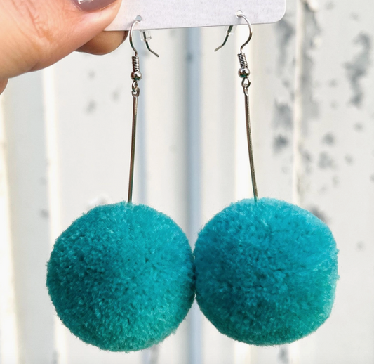 Teal Pom Pom Earrings - WanderingWildShop.com